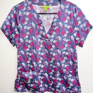 CROCS WOMENS SCRUB TOP SIZE S/P BLUE FLORAL EUC